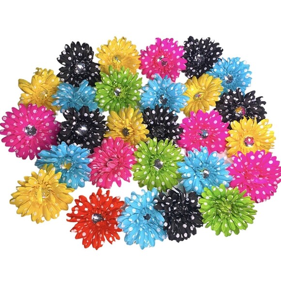 27 Polka Dot Daisy W/Large Rhinestone Multicolor 4” Floral Tops Only Artificial - Picture 2 of 10